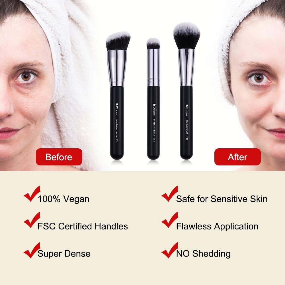 Makeup Brushes 3Pcs Foundation Contour Bronzer Brush,Concealer Brush,Blusher Powder Brush, Face Kabuki Travel Buffing Stippling Liquid Blending Makeup Brush Set Black