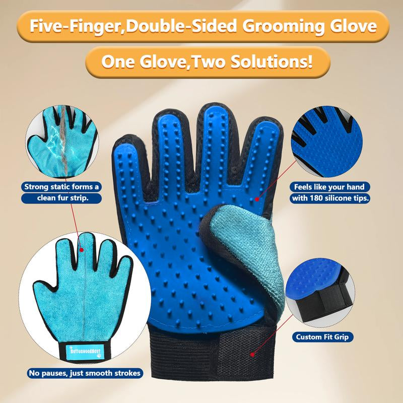 Buttonwoodnest|Upgraded Version Double-Sided Gloves,Pet Hair Grooming Brush with Hair Remover Tool,Gentle Shedding Brushes for Dogs,Cats&Horses with Fur,Skin-Friendly for Pets,Fur & Lint Cleaning Tool,Effective on Carpets,Clothing,Furniture,One Hand, Blue