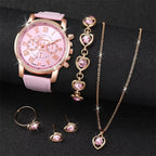 6Pcs/Set Fashion Women'S Quartz Watch Leather Band Analog Wrist Watches Heart Rhinestone Jewelry Set(Without Box)
