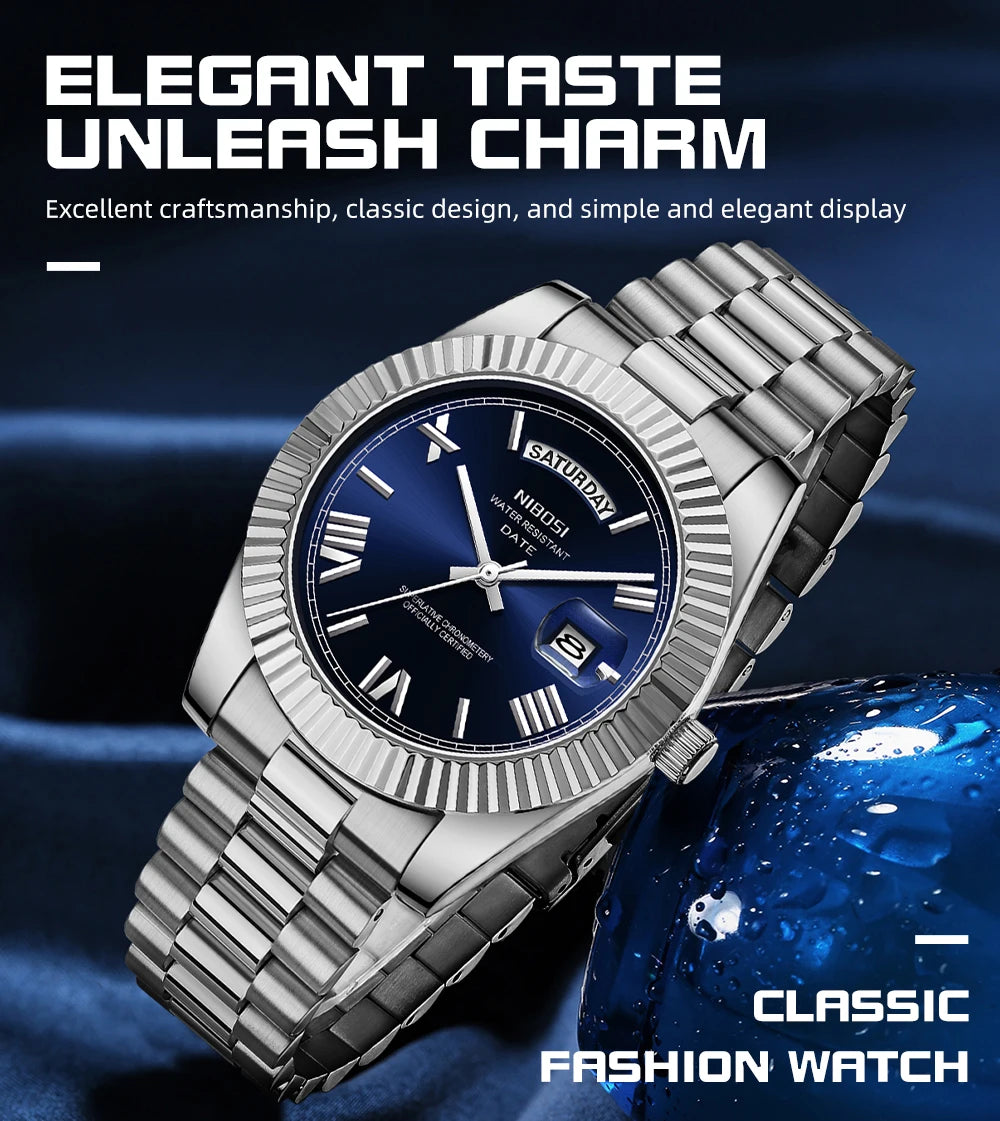 NIBOSI New Men Watch Brand Luxury Fashion Quartz Wristwatch Male Stainless Steel Waterproof Calendar Business Watches For Men