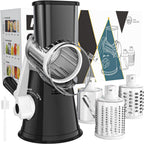 Rotary Cheese Grater Hand Crank Cheese Shredder for Fresh Cheese, Vegetable, Nuts,Non-Slip Suction Base, Free Cleaning Brush Three Blades, Black