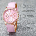 6Pcs/Set Fashion Women'S Quartz Watch Leather Band Analog Wrist Watches Heart Rhinestone Jewelry Set(Without Box)
